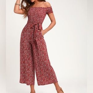 Lulu’s Behold Red Floral Print Off-the-Shoulder Jumpsuit size M